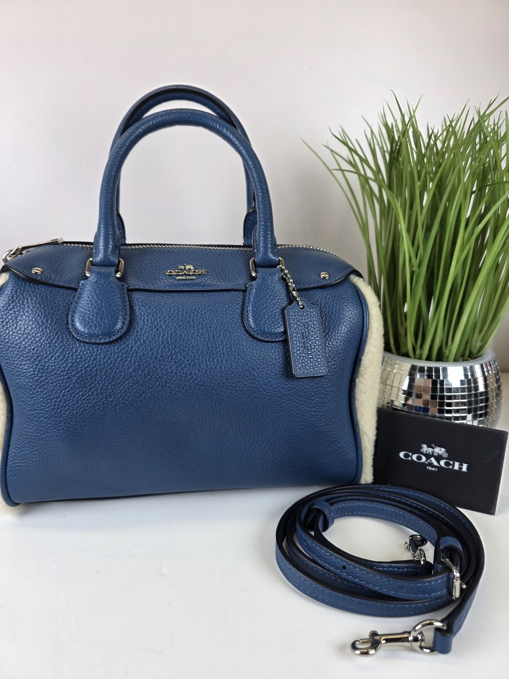 Coach Bennett Shearling Blue Pebble Leather Satchel Hand Crossbody Bag Sherpa - Picture 2 of 13